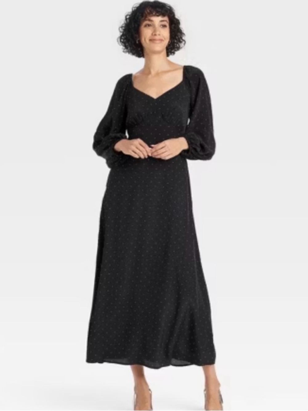 a new day Black Midi Dress with Puff Sleeves and Tiny White Dot Print